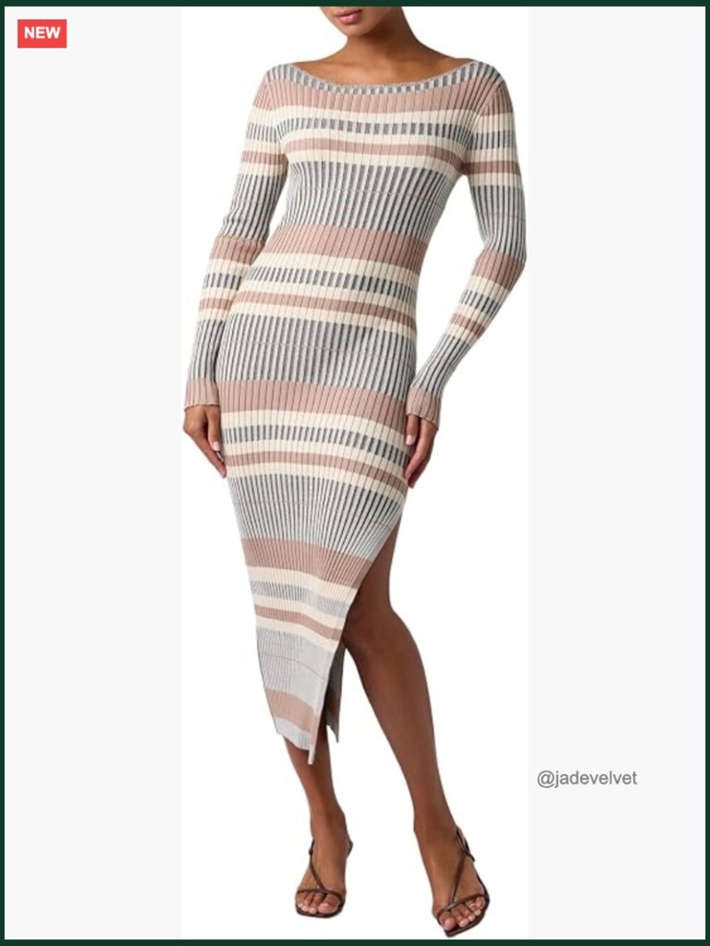Off-Shoulder Midi Sweater Dress Bodycon Long Sleeve Pull On Striped